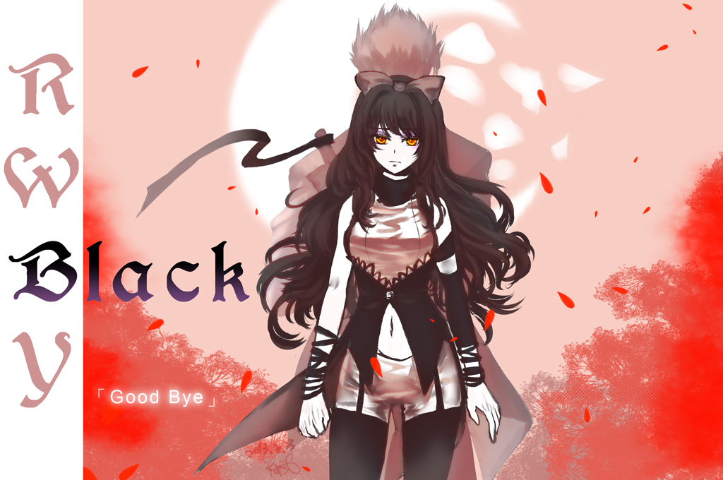 1boy, 1girl, adam_taurus, back-to-back, black_hair, blake_belladonna, bow, copyright_name, english_text, forest, garden, hair_bow, long_hair, moon, nature, navel, petals, rwby, shorts, steel, steelgarden, tree, yellow_eyes