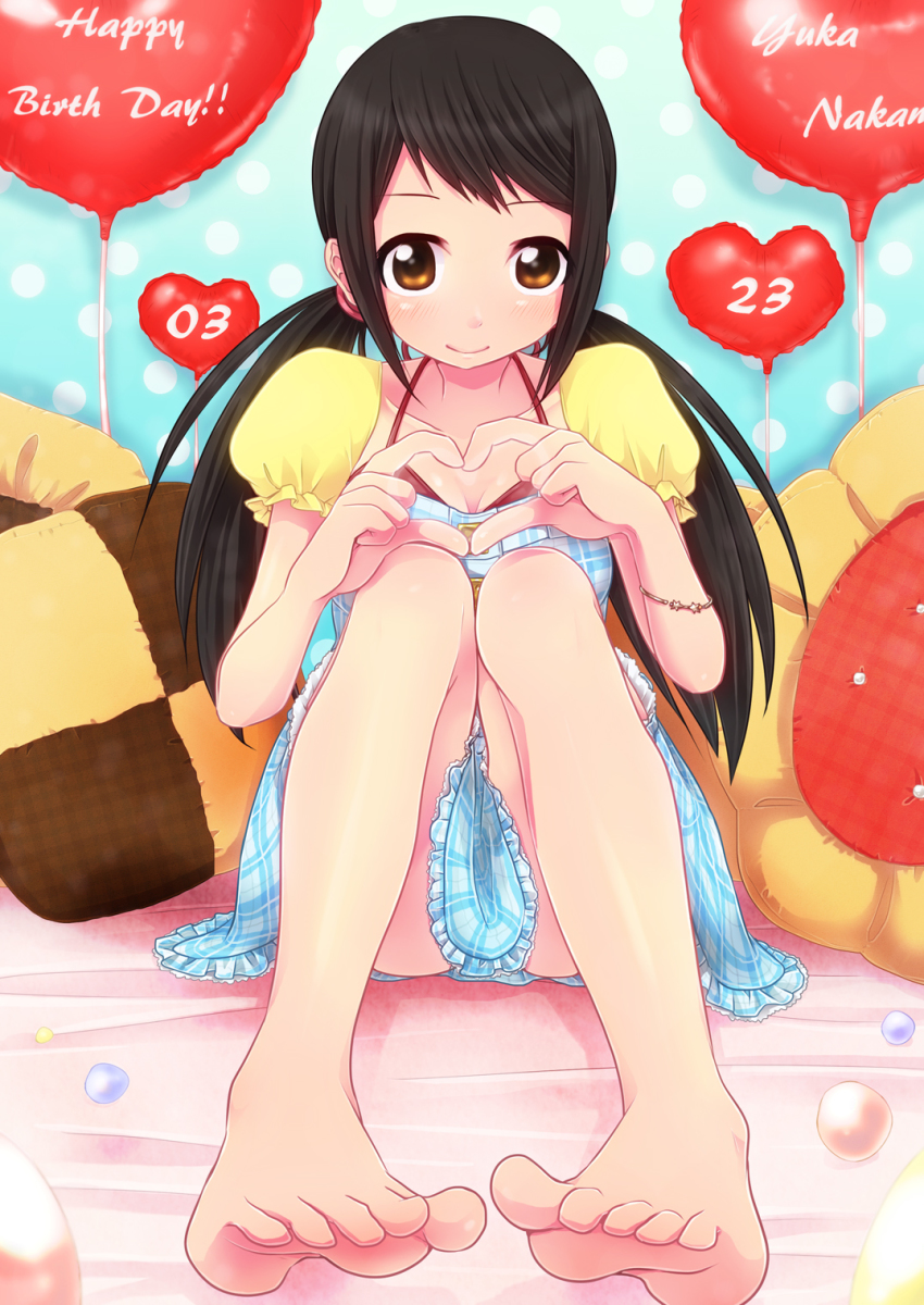 10s, 1girl, balloon, barefoot, bed, birthday, black_hair, brown_eyes, dress, feet, female_focus, heart, highres, idolmaster, idolmaster_cinderella_girls, legs, long_hair, nakano_yuka, pillow, shinkai_kiiro, sinkaikiiro, sitting, solo, toes, twintails