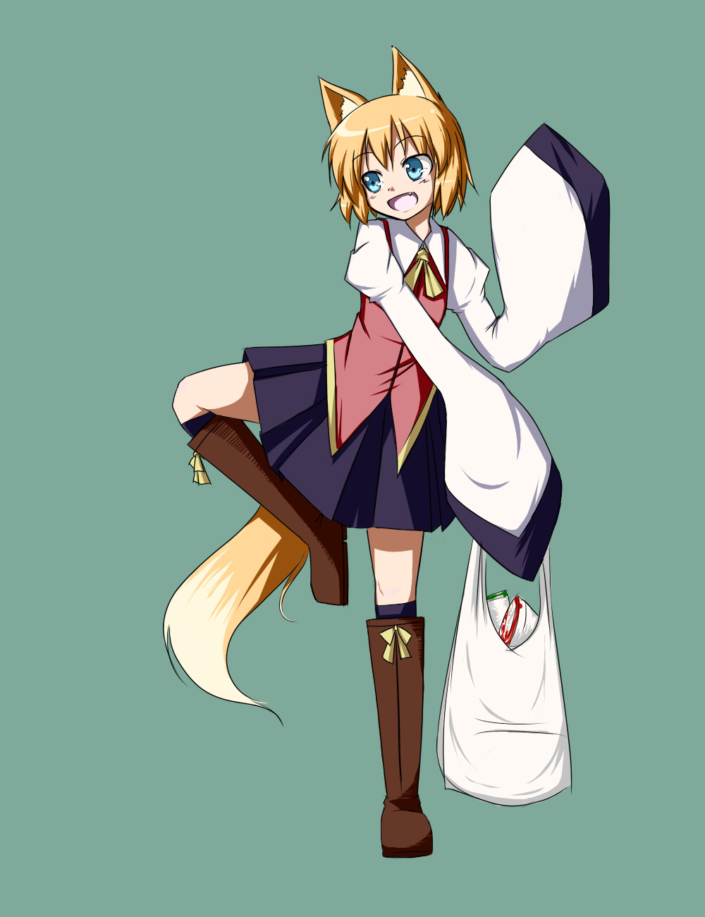 1girl, animal_ears, bag, blonde_hair, blue_eyes, boots, fang, female_focus