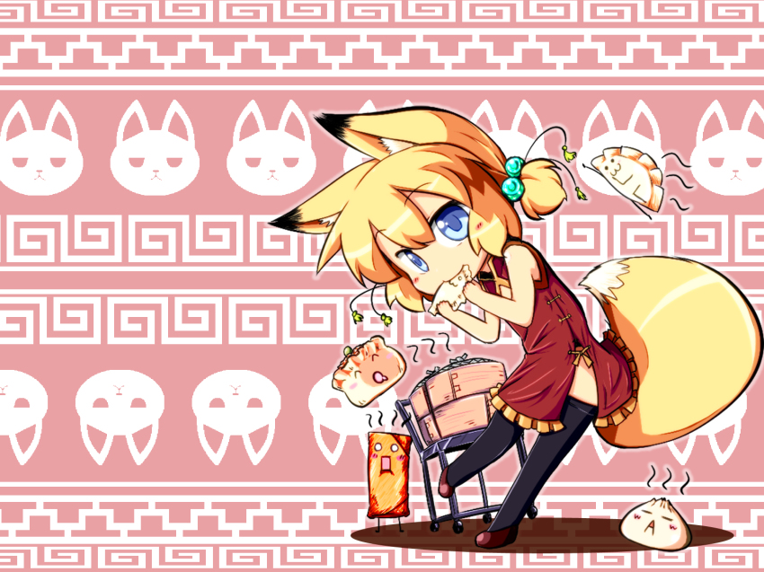 1girl, animal_ears, black_thighhighs, blonde_hair, blue_eyes, chibi, china_dress, chinese_clothes