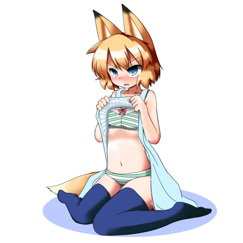 1girl, animal_ears, bare_shoulders, blonde_hair, blue_eyes, blue_thighhighs, blush, bra