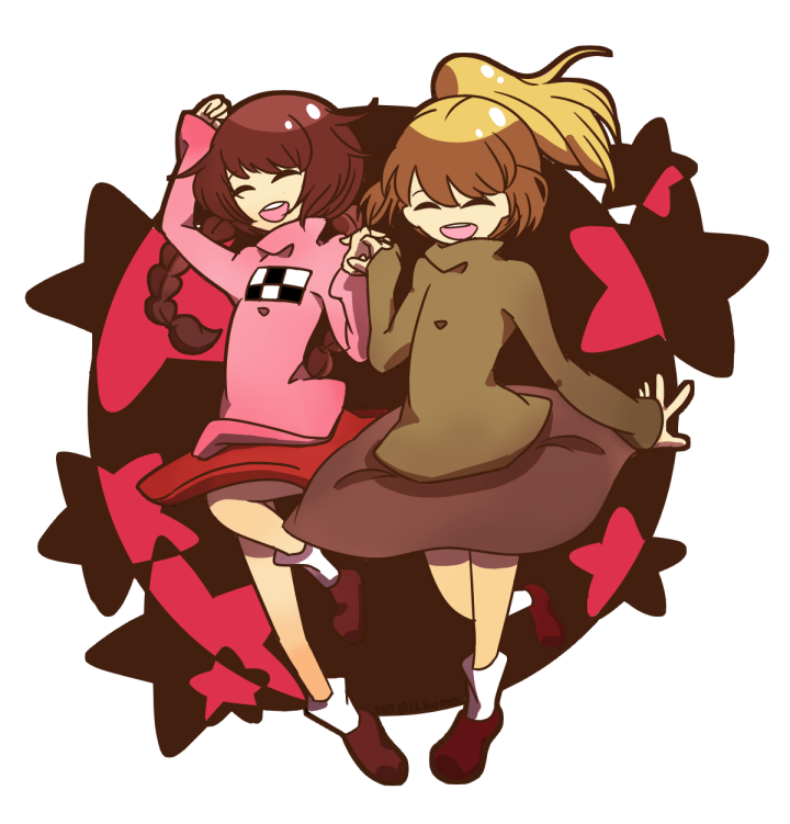 2girls, :d, ^_^, bad_id, bad_pixiv_id, blonde_hair, braid, brown_hair