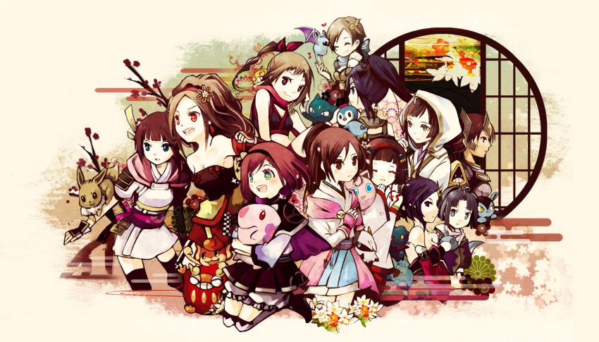 +_+, 1boy, 6+girls, :3, ^_^, armor, aya_(sengoku_musou), closed_eyes, darumaka, dratini, eevee, egasumi, flower, gen_1_pokemon, gen_2_pokemon, gen_3_pokemon, gen_4_pokemon, gen_5_pokemon, gracia_(sengoku_musou), heroine_(pokemon_conquest), highres, holding, holding_pokemon, ina_(sengoku_musou), japanese_clothes, jigglypuff, kai_(sengoku_musou), kunoichi_(sengoku_musou), larvesta, misdreavus, mori_ranmaru_(sengoku_musou), multiple_girls, nene_(sengoku_musou), nintendo, no_(sengoku_musou), nobunaga_no_yabou, oichi_(pokemon_conquest), oichi_(sengoku_musou), okuni_(sengoku_musou), pansear, piplup, pokemon, pokemon_(creature), pokemon_conquest, round_window, scrafty, sengoku_musou, shinx, smile, sneasel, snorunt, tachibana_ginchiyo_(sengoku_musou), window, yuzuyomogi, zubat