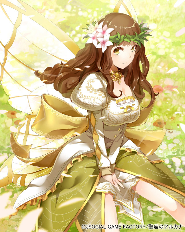 1girl, bad_id, bad_pixiv_id, brown_eyes, brown_hair, butterfly_wings, dress, female_focus
