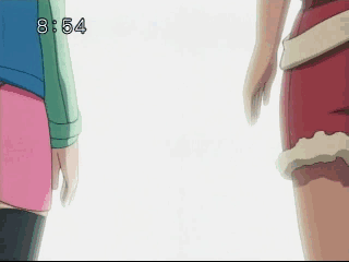 00s, 2girls, anetta_(mega_man), animated, animated_gif, ass, black_legwear, capcom, cat_tail, clock, clockshow, female_focus, from_behind, lowres, mayl_sakurai_(mega_man), mega_man_(series), mega_man_battle_network, miniskirt, multiple_girls, qvga, screencap, skirt, tail, thighhighs, walking