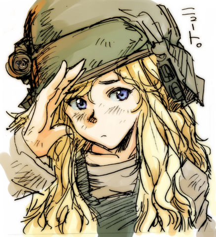 1980s_(style), 1girl, alien_(1979), alien_(series), aliens_(1986), animification, bad_id, bad_pixiv_id, blonde_hair, blue_eyes, child, colonial_marine, dirty, helmet, kakubayashi_tsuyoshi, long_hair, looking_at_viewer, lowres, military, newt_(aliens), oldschool, retro_artstyle, salute, science_fiction, soldier