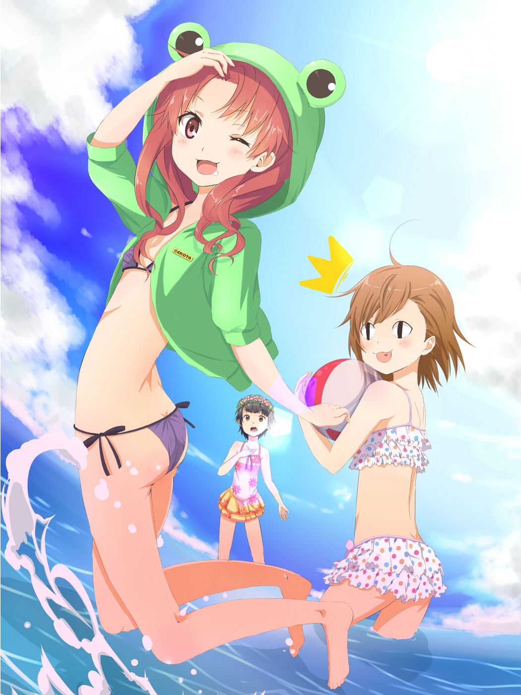 3girls, animal_hood, bad_id, bad_pixiv_id, ball, beachball, bikini, black_hair, brown_eyes, brown_hair, casual_one-piece_swimsuit, head_wreath, highres, hood, hoodie, long_hair, misaka_mikoto, multiple_girls, neko_suke, ocean, one-piece_swimsuit, pink_eyes, red_hair, saliva, shirai_kuroko, short_hair, swimsuit, toaru_kagaku_no_railgun, toaru_majutsu_no_index, uiharu_kazari, water