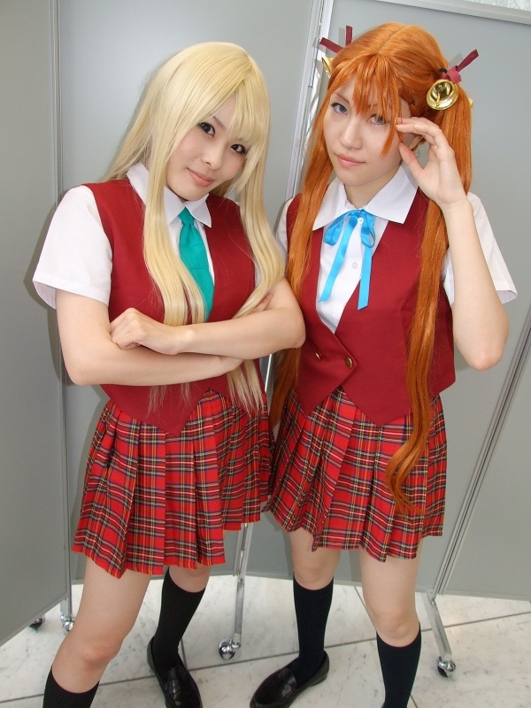 2girls, bell, blonde_hair, cosplay, hair_ribbon, kagurazaka_asuna, kneehighs, mahou_sensei_negima!