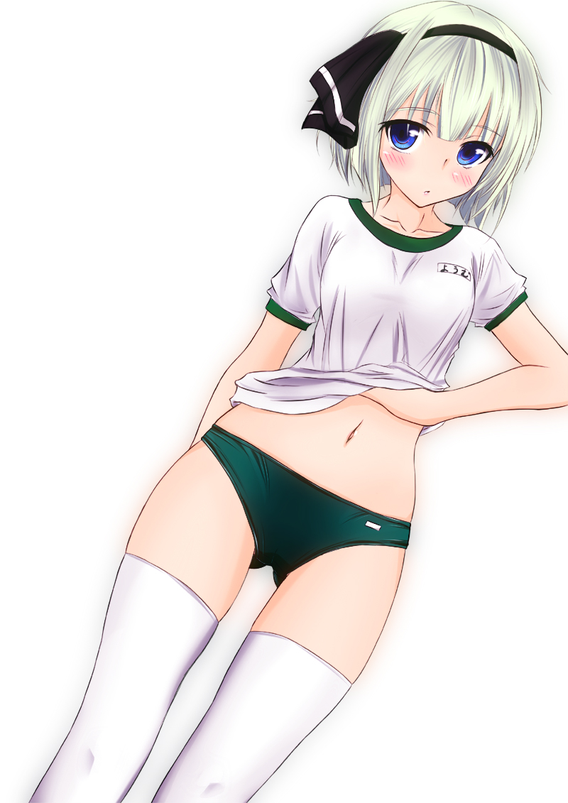 1girl, alternate_costume, blue_eyes, blush, buruma, clothes_lift, collarbone, female_focus, gym_uniform, hair_ribbon, k2_(hibiki09), konpaku_youmu, looking_at_viewer, midriff, navel, ribbon, shirt, shirt_lift, short_hair, short_sleeves, silver_hair, solo, thighhighs, touhou, white_thighhighs