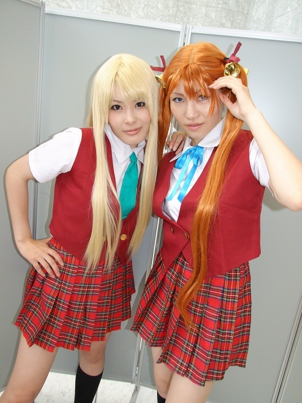2girls, bell, blonde_hair, cosplay, hair_ribbon, kagurazaka_asuna, kneehighs, mahou_sensei_negima!