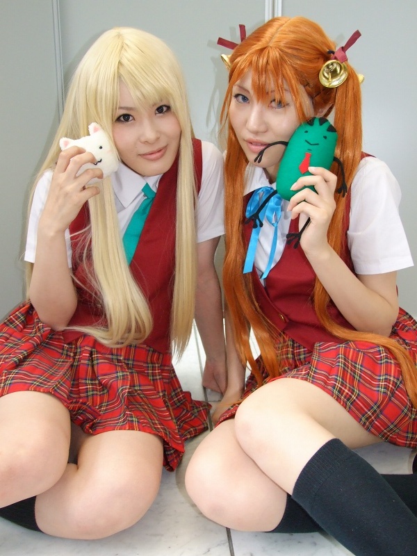 2girls, bell, blonde_hair, cosplay, hair_ribbon, kagurazaka_asuna, kneehighs, mahou_sensei_negima!