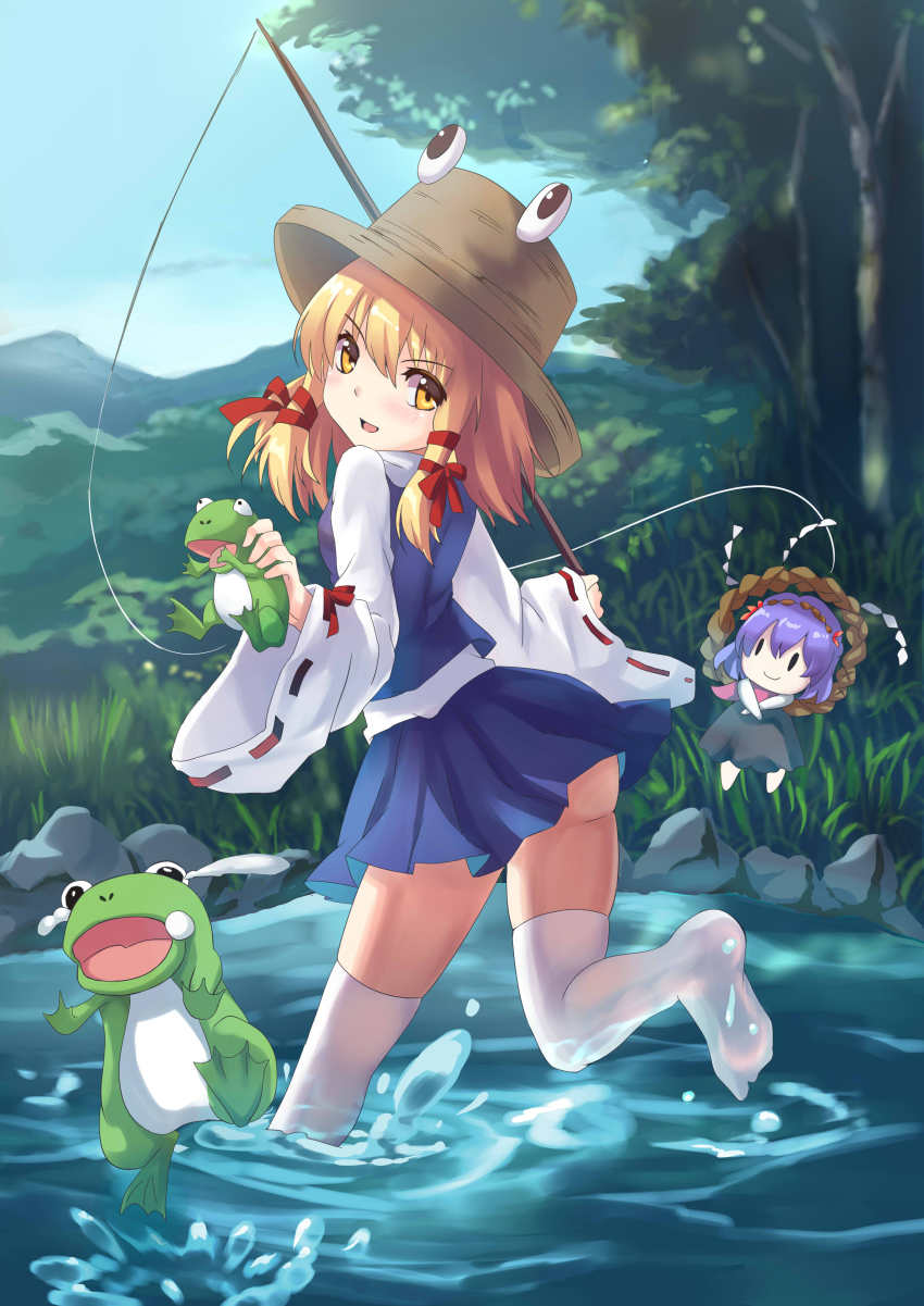 1girl, absurdres, blonde_hair, character_doll, doll, female_focus, fishing_rod, frog, highres, long_sleeves, looking_at_viewer, moriya_suwako, no_shoes, nomi_mochigome, open_mouth, running, shirt, skirt, smile, solo, tears, thighhighs, touhou, water, white_thighhighs, wide_sleeves, yasaka_kanako, yellow_eyes