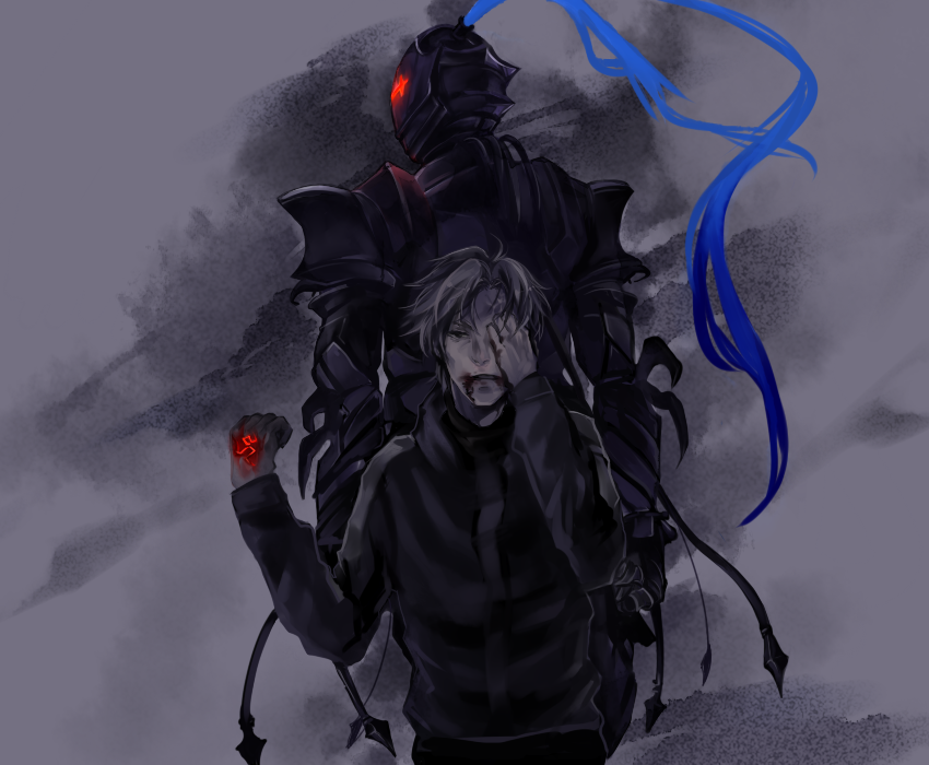 2boys, armor, bad_id, bad_pixiv_id, berserker_(fate/zero), command_spell, fate/zero, fate_(series), full_armor, jahn1106, knight, male_focus, matou_kariya, multiple_boys, muted_color, smoke, spot_color