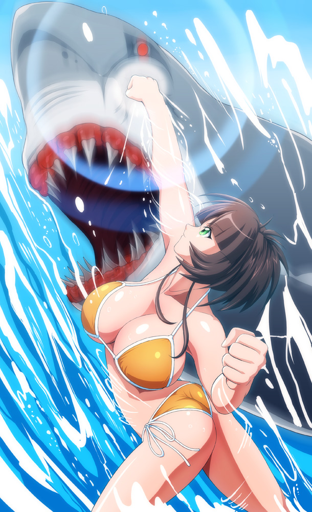 1girl, ass, bikini, breasts, brown_hair, green_eyes, huge_breasts, ichimonji_akane, large_breasts, ocean, punching, shark, shopyun, short_hair, side-tie_bikini_bottom, swimsuit, tokimeki_memorial, tokimeki_memorial_2, water, yellow_bikini