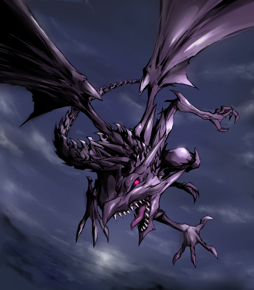 bad_id, bad_pixiv_id, dragon, duel_monster, flying, highres, nakatomo108, no_humans, red-eyes_black_dragon, red_eyes_black_dragon, sharp_teeth, teeth, yu-gi-oh!