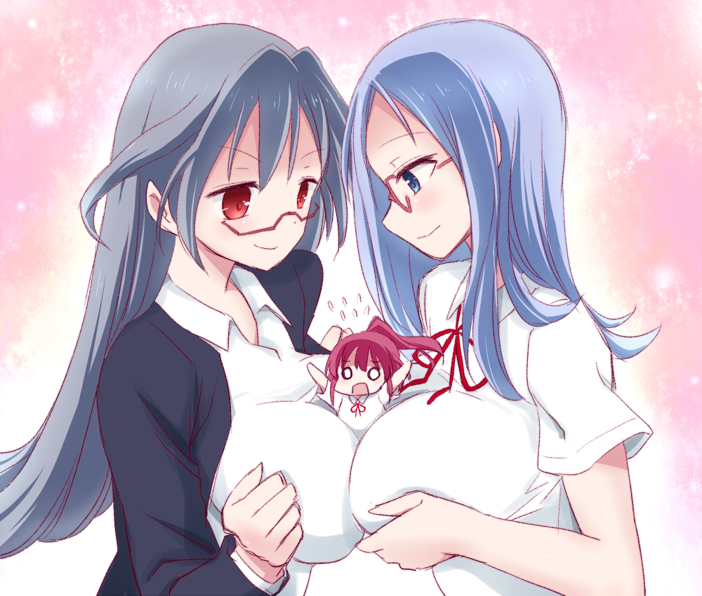 3girls, atago_hiroe, atago_kinue, atago_masae, between_breasts, blue_eyes, blue_hair, blush