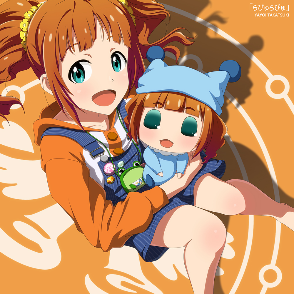 2girls, bag, blue_eyes, brown_hair, chibi, cosplay, handbag, idolmaster