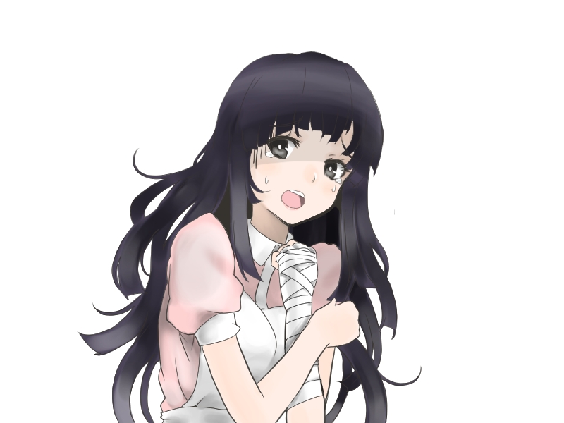 10s, 1girl, :o, apron, bandages, black_eyes, black_hair, danganronpa_(series)