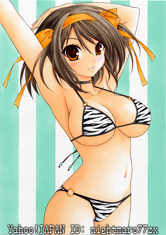 1girl, animal_print, armpits, arms_up, artist_name, bikini, blush, bow, breasts, brown_hair, choker, cleavage, covered_erect_nipples, female_focus, hair_bow, hairband, large_breasts, looking_at_viewer, navel, nightmare77zx, o-ring, o-ring_bikini, o-ring_bottom, o-ring_top, orange_eyes, parted_lips, short_hair, sideboob, smile, solo, suzumiya_haruhi, suzumiya_haruhi_no_yuuutsu, swimsuit, traditional_media, zebra_print
