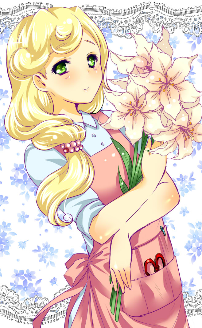 10s, 1boy, 1girl, androgynous, apron, blonde_hair, blush, border, female_focus, flower, green_eyes, hanase_kaoru, holding, lace, lace_border, long_hair, menokonome, ornate_border, pen, ponytail, scissors, side_ponytail, smile, solo, standing, tamako_market, trap