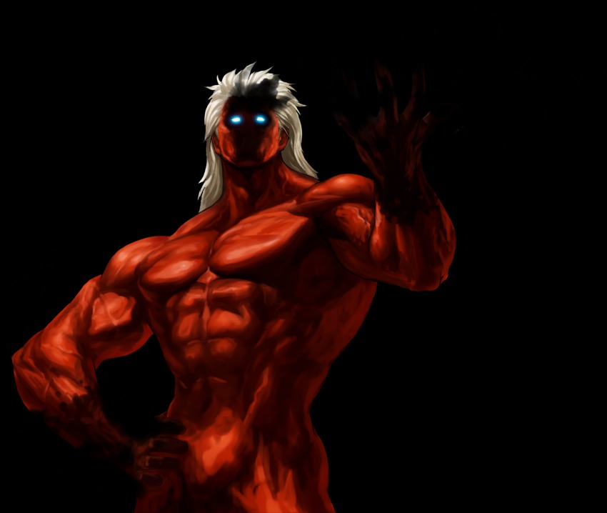 1boy, black_fire, blue_eyes, colored_skin, dark_persona, fire, glowing, glowing_eyes