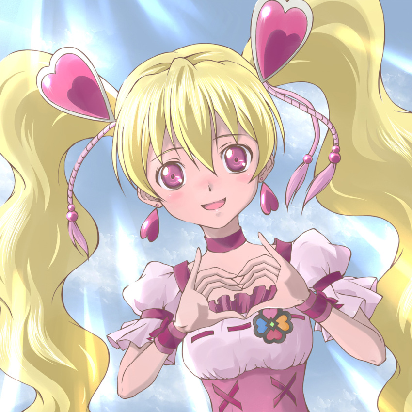 00s, 1girl, aikawa_yousuke, blonde_hair, blue_background, choker, corset, cure_peach