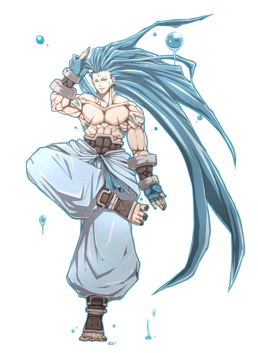 1boy, bad_id, bad_pixiv_id, baggy_pants, barefoot, blue_hair, full_body, highres, long_hair, male_focus, muscular, pants, samurai_spirits, simple_background, snk, solo, standing, standing_on_one_leg, suija, suija_sogetsu, tattoo, very_long_hair, warumono_tomii