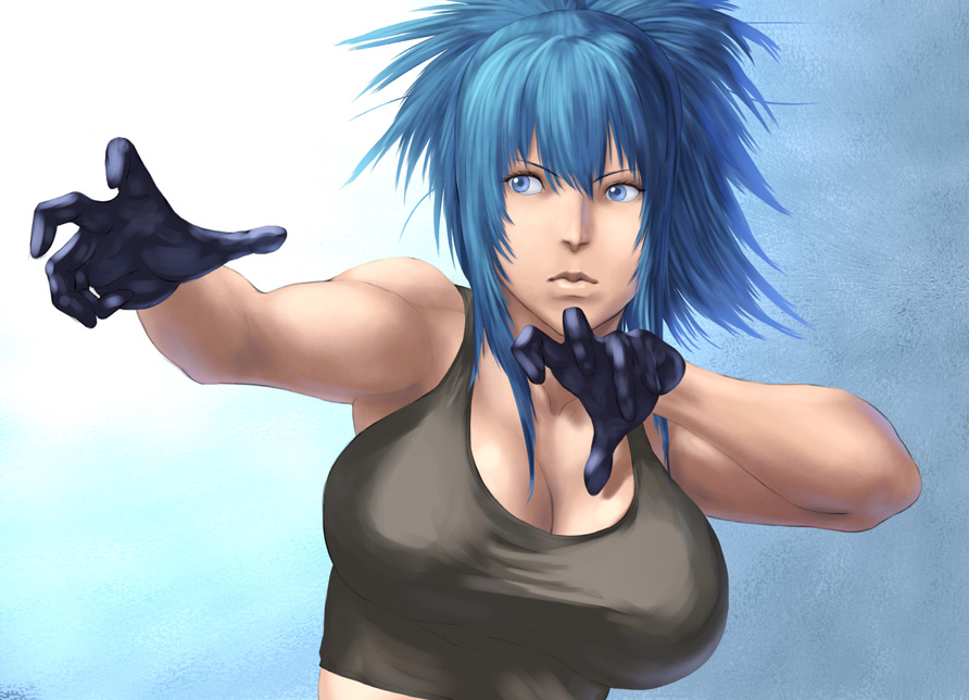1girl, bare_shoulders, black_gloves, blue_eyes, blue_hair, breasts, cleavage, crop_top