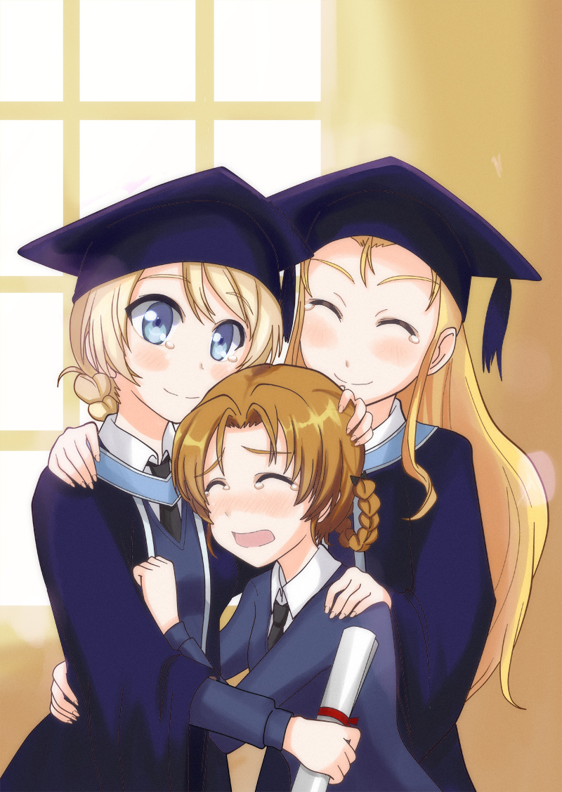 10s, 3girls, assam_(girls_und_panzer), black_necktie, blonde_hair, blue_eyes, blue_sweater, blush