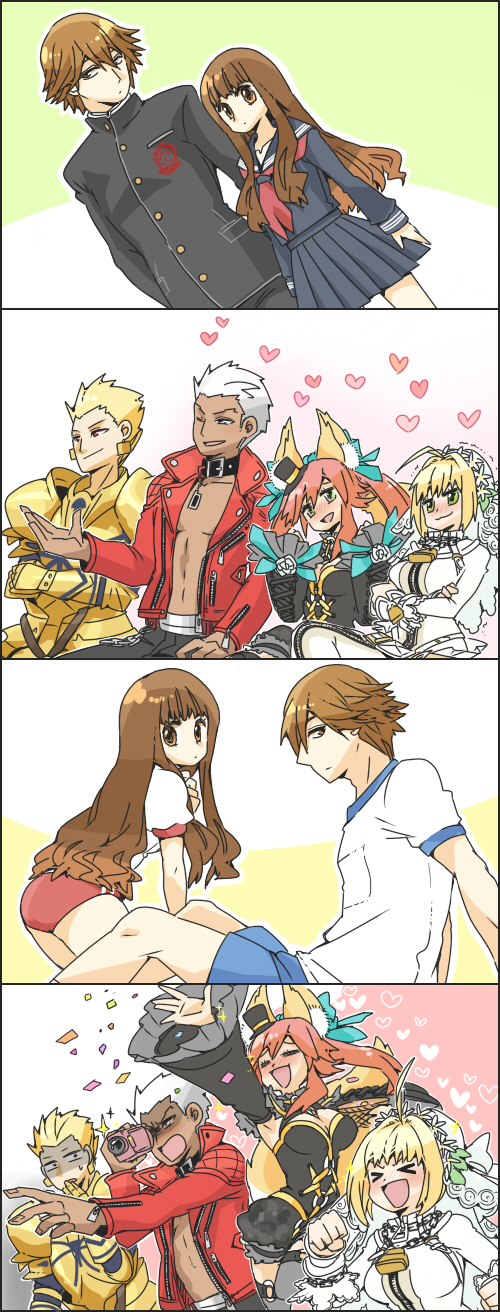 >_<, 10s, 3boys, 3girls, 4koma, animal_ears, archer_(cool_and_wild)_(fate), archer_(fate)