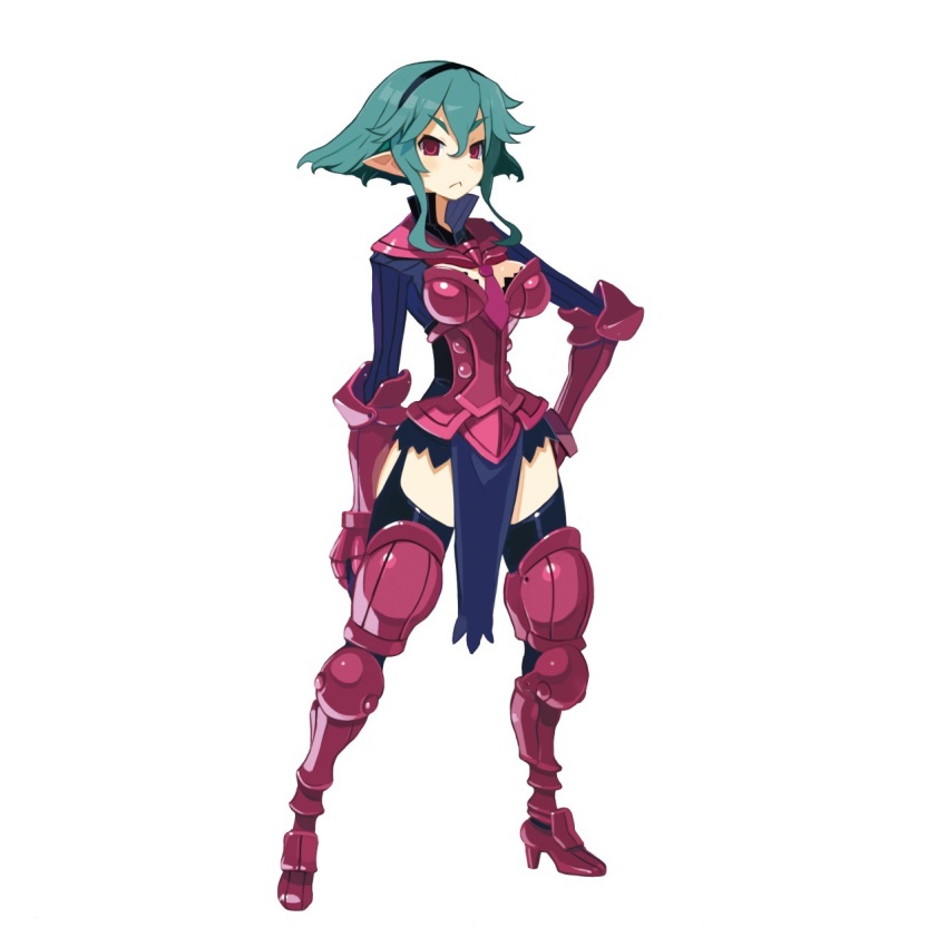 >:<, 1girl, :<, armor, barbara_(disgaea), closed_mouth, disgaea, disgaea_d2, hairband, harada_takehito, highres, official_art, pelvic_curtain, pointy_ears, red_armor, sailor_collar, simple_background, v-shaped_eyebrows, white_background