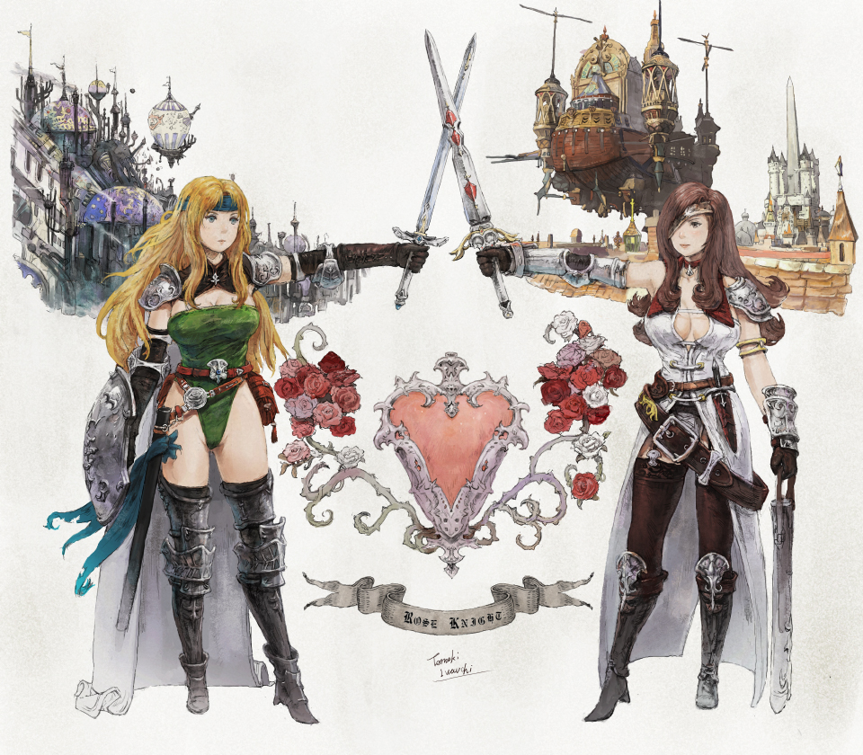 00s, 1990s_(style), 2girls, armband, armor, artist_name, beatrix, belt, belt_skirt, blonde_hair, boots, breasts, brown_hair, brown_legwear, celes_chere, choker, cleavage, coat, crossed_swords, english_text, eyepatch, final_fantasy, final_fantasy_ix, final_fantasy_vi, flower, full_body, gloves, greaves, headband, iwanai_tomoeju, iwauchi_tomoki, large_breasts, leotard, long_hair, md5_mismatch, multiple_girls, pantyhose, pink_flower, pink_rose, red_flower, red_rose, retro_artstyle, rose, save_the_queen, shield, signature, square_enix, standing, sword, thigh_boots, thighhighs, white_flower, white_rose