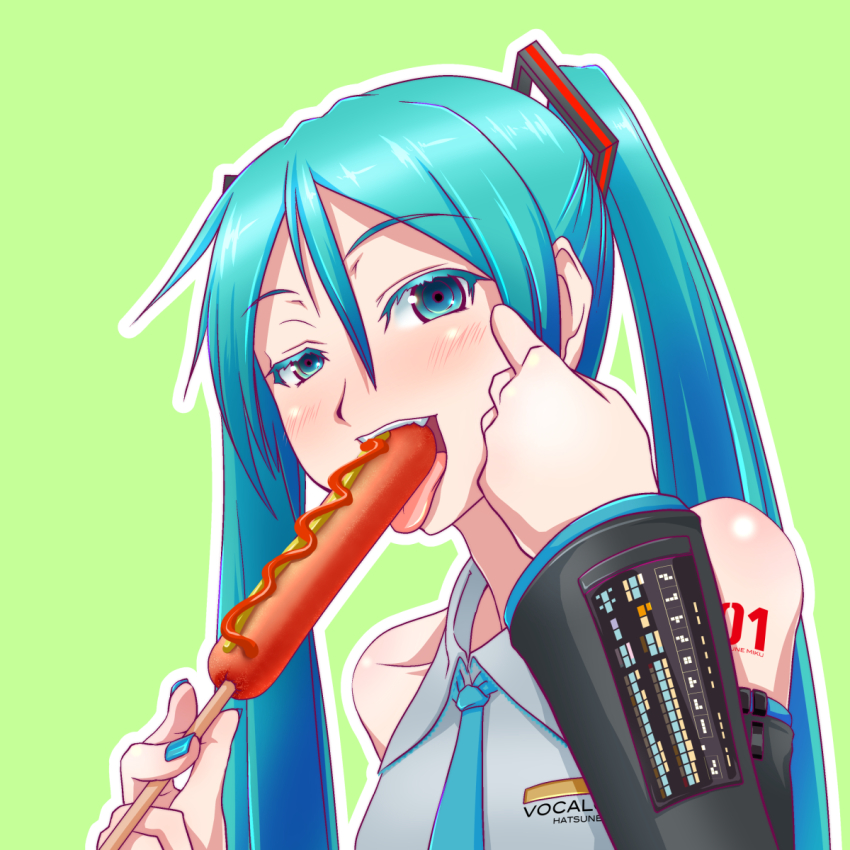 1girl, aqua_eyes, aqua_hair, detached_sleeves, eating, female_focus, hatsune_miku, highres