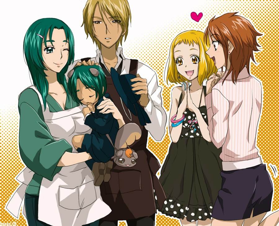 00s, 2boys, 3girls, :d, aged_up, akimoto_komachi, blonde_hair, brown_eyes