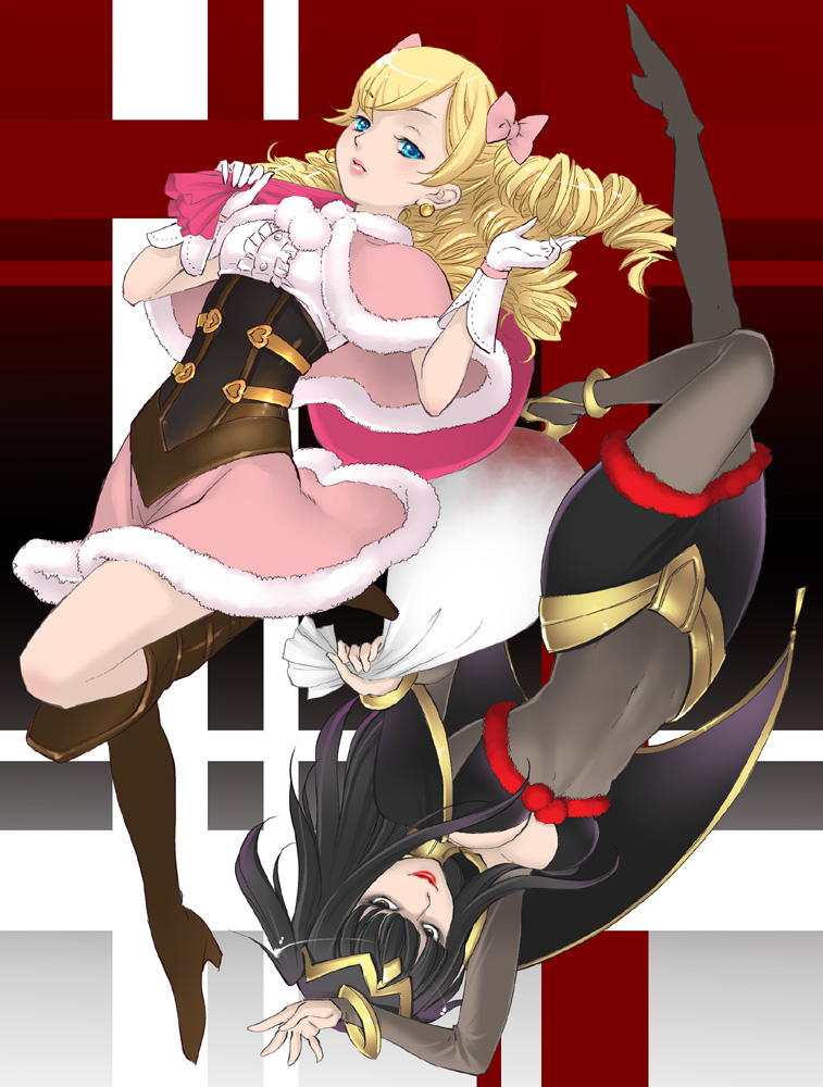 2girls, adapted_costume, black_hair, blonde_hair, blue_eyes, blush, bodysuit, boots, bow, bracelet, breasts, bridal_gauntlets, cape, capelet, cleavage, corset, drill_hair, fire_emblem, fire_emblem_awakening, fur_trim, gloves, grey_eyes, hair_bow, hair_ornament, high_heels, jewelry, lipstick, long_hair, lots_of_jewelry, makeup, maribelle_(fire_emblem), multiple_girls, nintendo, sack, shoes, skin_tight, skirt, tharja_(fire_emblem), tuqi_pix