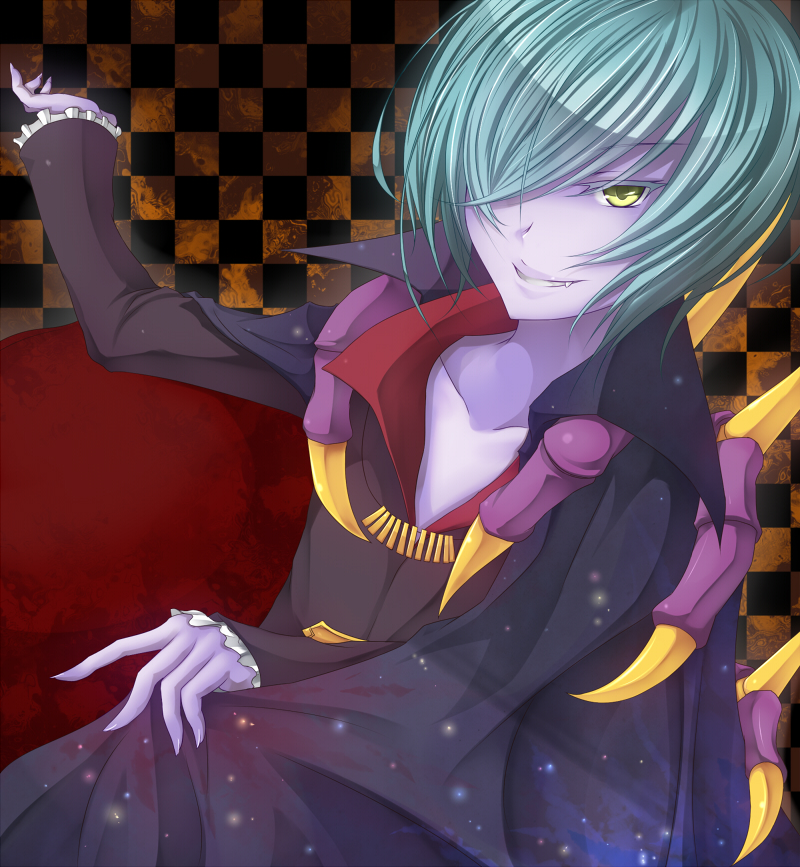 1boy, checkered_background, duel_monster, male_focus, shintani_tsushiya, short_hair, smile, solo