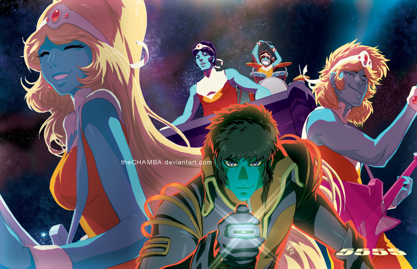 00s, 1girl, 4boys, alien, arpegius_(interstella_5555), band_(music), baryl_(interstella_5555), black_hair, blonde_hair, blue_eyes, blue_skin, bodysuit, brown_hair, chamba, closed_eyes, colored_skin, daft_punk, electric_guitar, everyone, forehead_jewel, gem, guitar, headband, highres, instrument, interstella_5555, keyboard_(instrument), long_hair, multiple_boys, octave_(interstella_5555), pilot_suit, ponytail, science_fiction, shep_(interstella_5555), space, stella_(interstella_5555), watermark, web_address