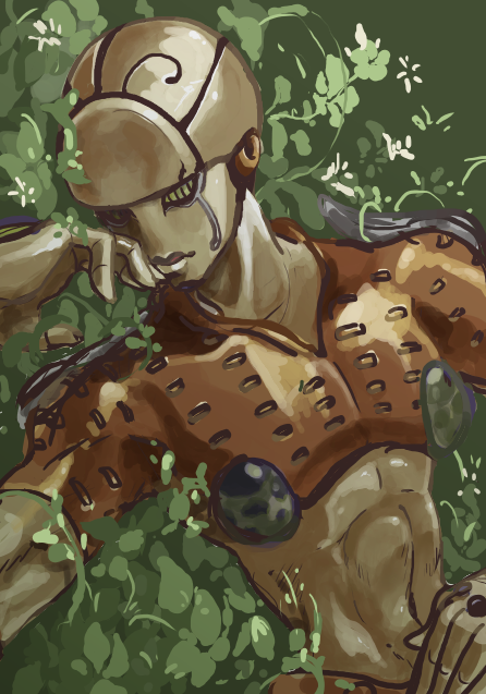 1boy, closed_mouth, crop_top, dutch_angle, gold_experience, green_background, hand_on_own_stomach, hand_to_own_mouth, head_tilt, ieki_(karakazoy), jojo_no_kimyou_na_bouken, karakazoy, lips, looking_at_viewer, lying, male_focus, muscular, navel, on_back, short_sleeves, simple_background, solo, stand_(jojo), stomach, teardrop, vento_aureo