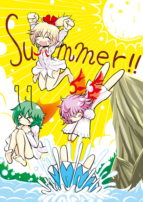 >_<, 4girls, aizawa_(teaminazuma), antennae, blonde_hair, blush, censored, cirno