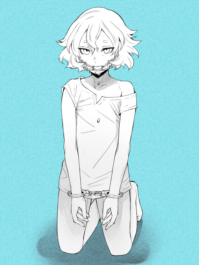 1boy, barefoot, bdsm, blue_background, bondage, bottomless, bound, cuffs, drooling, gag, gagged, greyscale_with_colored_background, handcuffs, hs2, inazuma_eleven_(series), inazuma_eleven_go, inazuma_eleven_go_chrono_stone, jpeg_artifacts, kneeling, male_focus, monochrome, open_mouth, ring_gag, saliva, solo, yuuchi