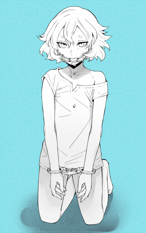 1boy, aqua_background, aqua_theme, bad_id, bad_pixiv_id, barefoot, bdsm, blue_background, blue_theme, bondage, bottomless, bound, cuffs, drooling, gag, gagged, greyscale_with_colored_background, handcuffs, hs2, inazuma_eleven_(series), inazuma_eleven_go, inazuma_eleven_go_chrono_stone, kneeling, male_focus, monochrome, open_mouth, ring_gag, saliva, solo, yuuchi