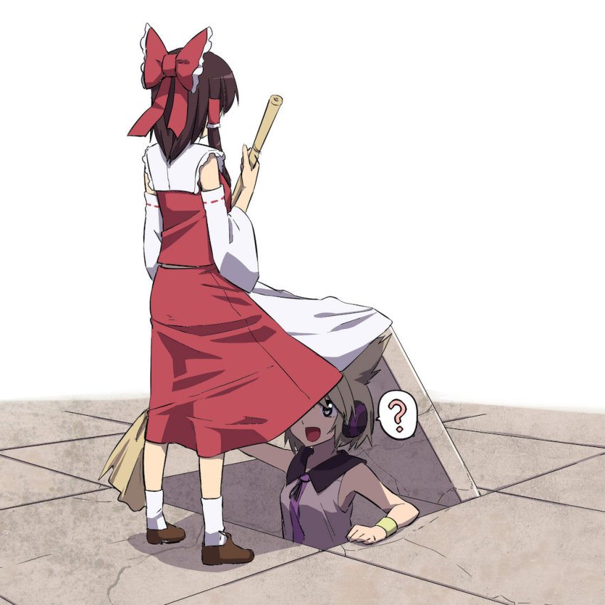 2girls, :d, ?, ankle_socks, bamboo_broom, bow, bracelet, broom