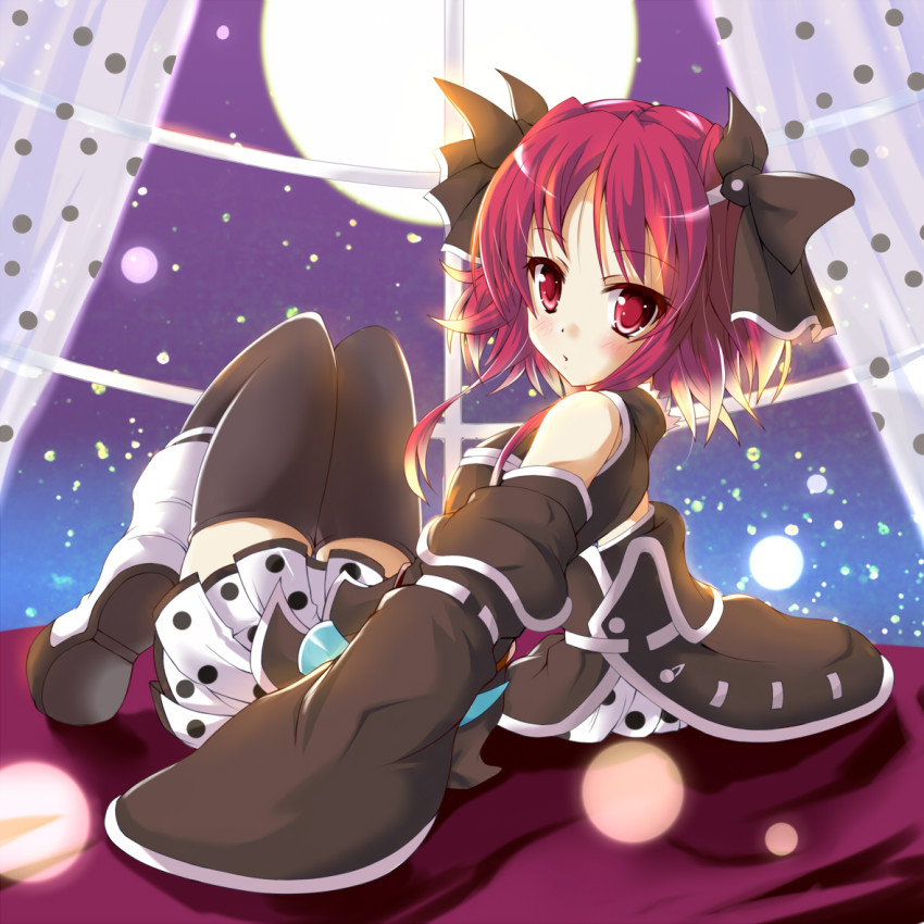 1girl, black_thighhighs, detached_sleeves, female_focus, full_body, hair_ribbon, hiiragi_tomoka, horn_(instrument)