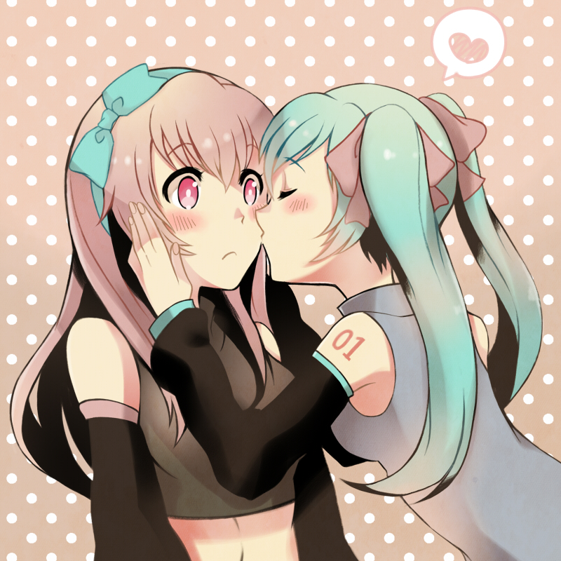 2girls, alternate_eye_color, aqua_hair, bad_id, bad_pixiv_id, bare_shoulders, blush, bow, closed_eyes, collared_shirt, couple, detached_sleeves, embarrassed, female_focus, hair_bow, hair_ribbon, hairband, hand_on_another's_face, hatsune_miku, heart, kiss, kissing_cheek, long_hair, looking_at_another, megurine_luka, midriff, multiple_girls, nobeko, pink_eyes, pink_hair, polka_dot, polka_dot_background, ribbon, shirt, shy, sleeveless, sleeveless_shirt, spoken_heart, surprised, tattoo, twintails, upper_body, vocaloid, yuri