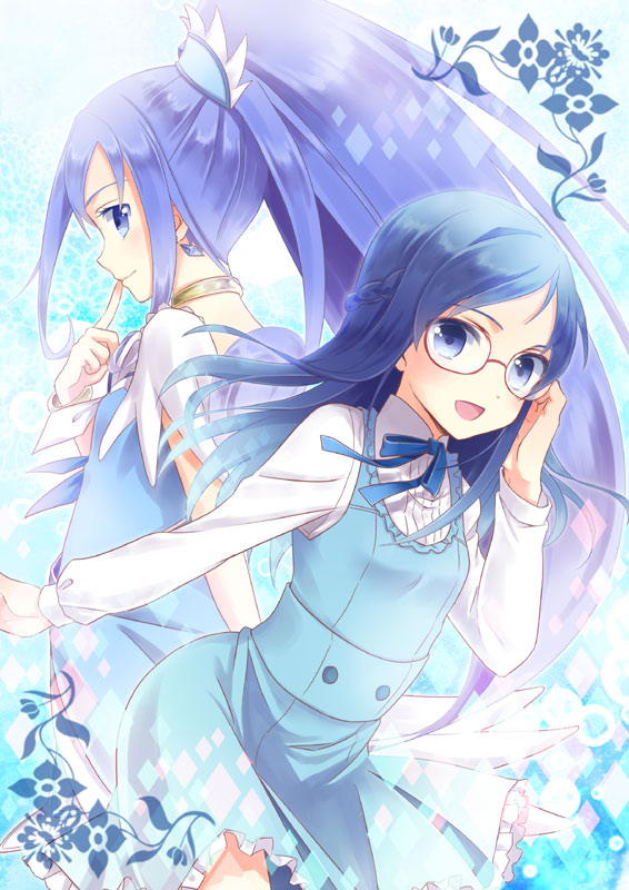 2girls, blue_eyes, blue_hair, choker, cure_diamond, dokidoki!_precure, dress, dual_persona