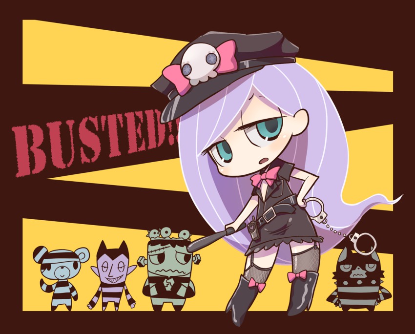 2girls, 3boys, :<, :o, alternate_costume, belt, blue_eyes, boots, cuffs, dress, english_text, fishnet_legwear, fishnets, handcuffs, hat, k-nattoh, linze, long_hair, moon, multiple_boys, multiple_girls, pink_eyes, prison, prison_clothes, purple_hair, ribbon, robert_(ushimitsu_monstruo), standing, star_(symbol), ushimitsu_monstruo, vlad_(ushimitsu_monstruo), white_hair