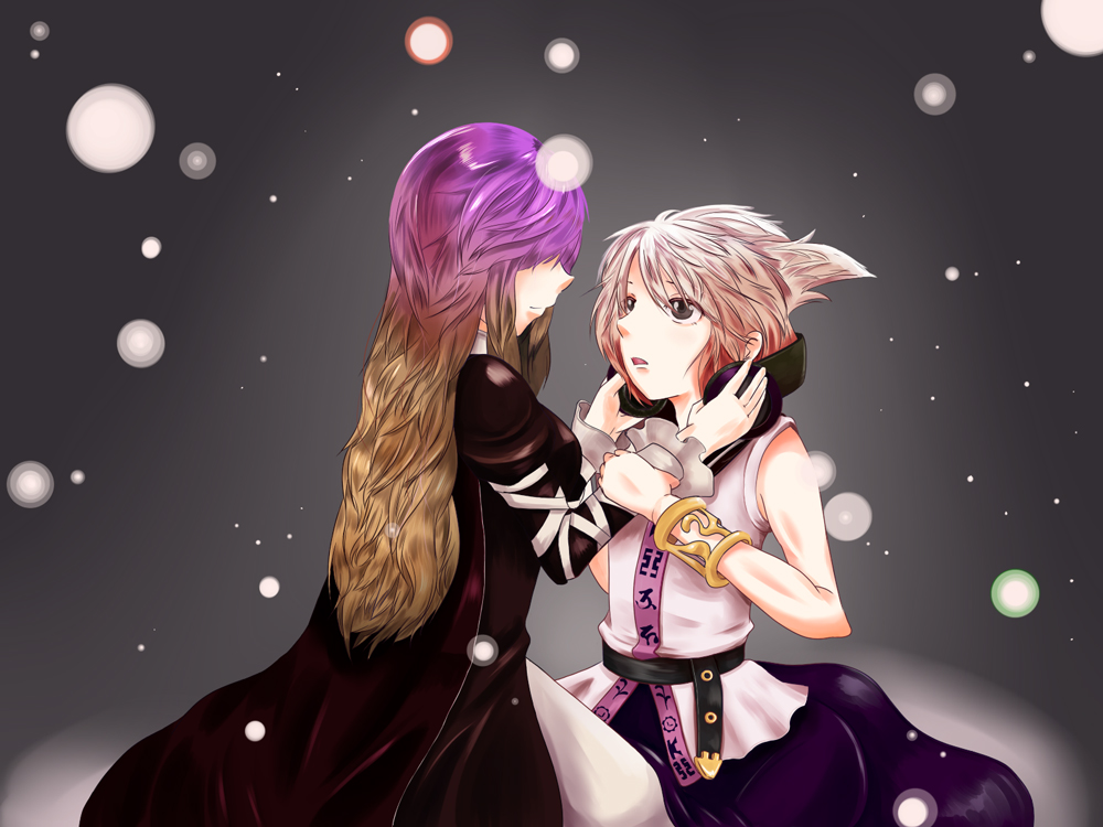 2girls, bad_id, bad_pixiv_id, bracelet, brown_eyes, brown_hair, couple, dress, earmuffs, eye_contact, female_focus, gradient_hair, hair_over_eyes, hato_return, unworn_headwear, hijiri_byakuren, holding_another's_wrist, jewelry, long_hair, looking_at_another, multicolored_hair, multiple_girls, no_eyes, sleeveless, sleeveless_dress, snow, snowing, touhou, toyosatomimi_no_miko, yuri