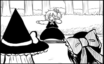 3girls, aizawa_(teaminazuma), animated, animated_gif, ascot, bow, dancing, female_focus, greyscale, hair_bow, hair_ribbon, hakurei_reimu, hat, hat_bow, kirisame_marisa, long_sleeves, lowres, monochrome, multiple_girls, o_o, ribbon, rumia, skirt, skirt_set, touhou, vest, witch_hat