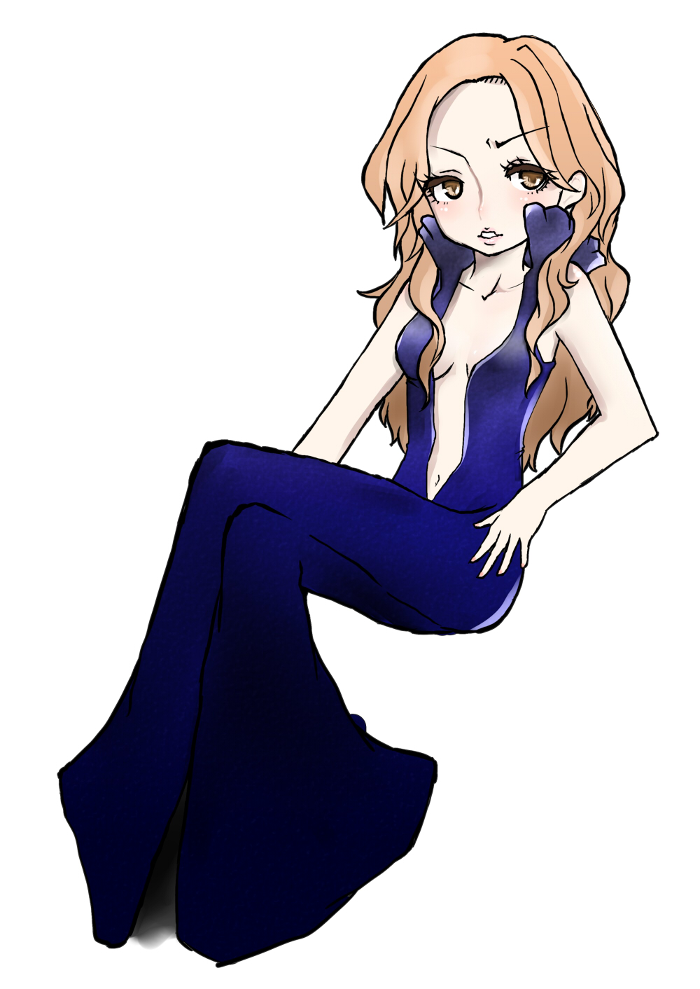 1girl, amane_shinobu, atlus, blonde_hair, breasts, center_opening, cosplay, dress, ebihara_ai, female_focus, highres, leanan_sidhe_(megami_tensei), long_hair, megami_tensei, persona, persona_4, shin_megami_tensei, simple_background, solo, white_background