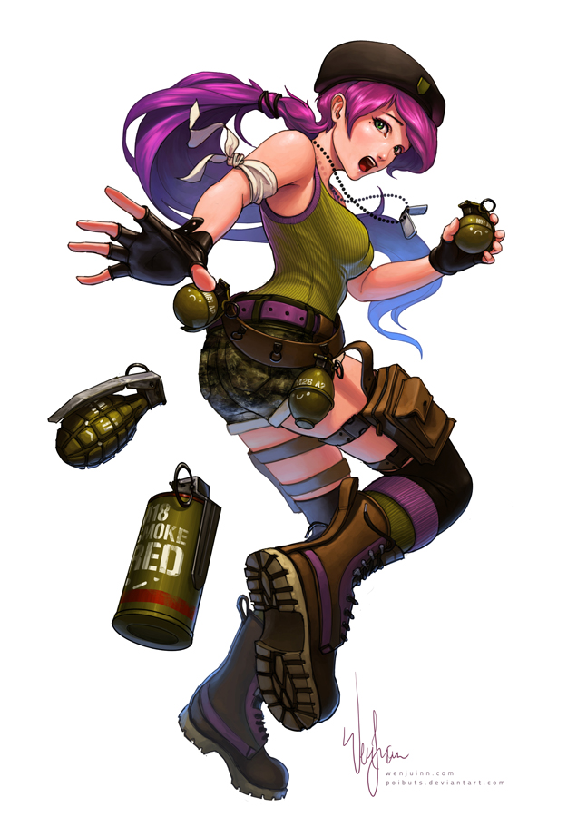 1girl, belt, beret, boots, breasts, camouflage, combat_boots, dog_tags